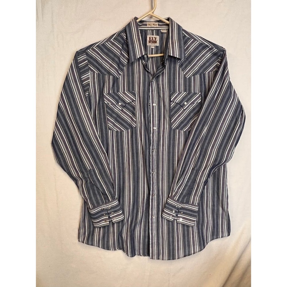 Ely Cattleman Mens XLT Western Pearl Snap Shirt Blue Striped Tall 15202903TL-97